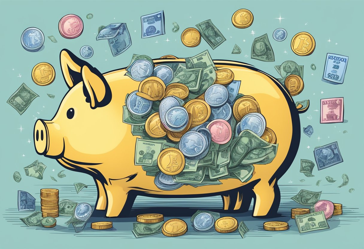 A piggy bank overflowing with Swedish kronor, surrounded by a variety of investment options and financial symbols