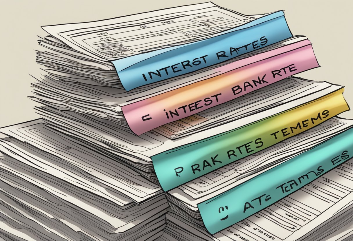 A stack of bank statements with "interest rates and terms" written on them