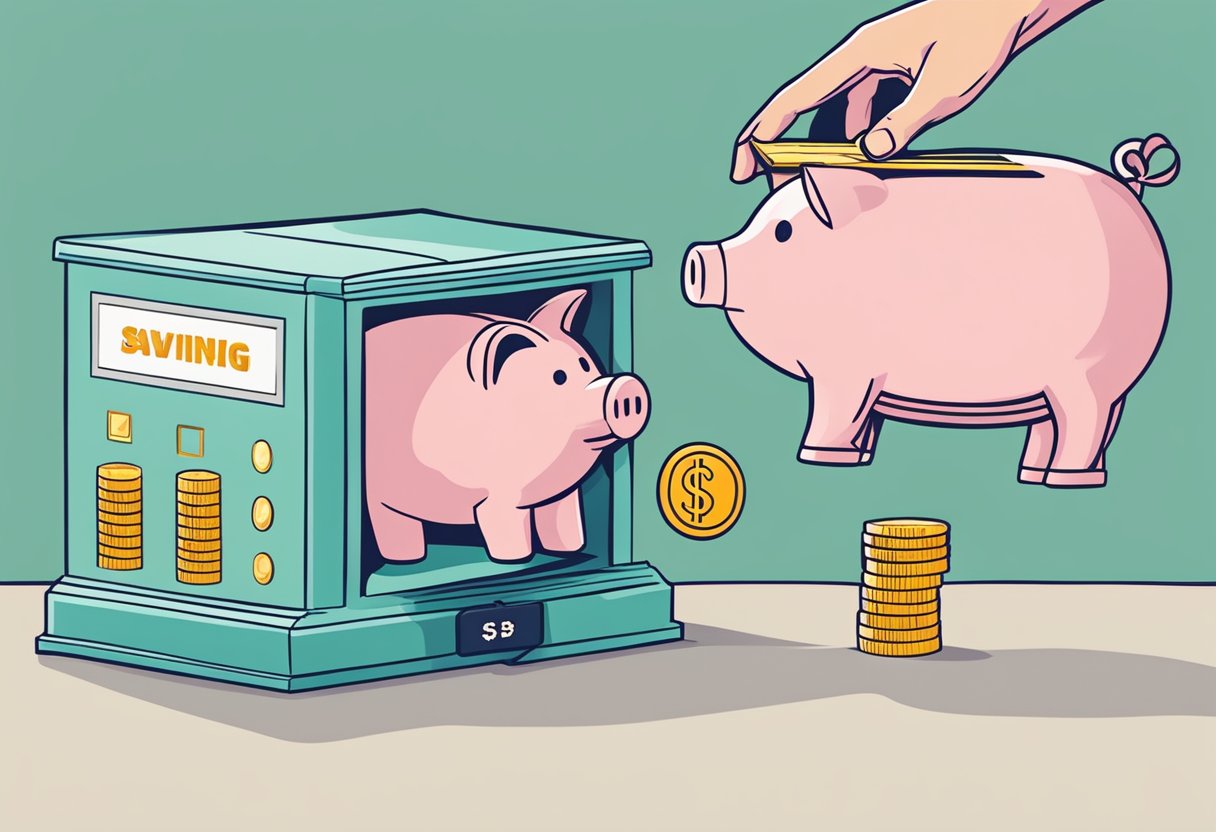 A hand inserting and withdrawing money from a piggy bank, with a sign showing "How to switch savings account."