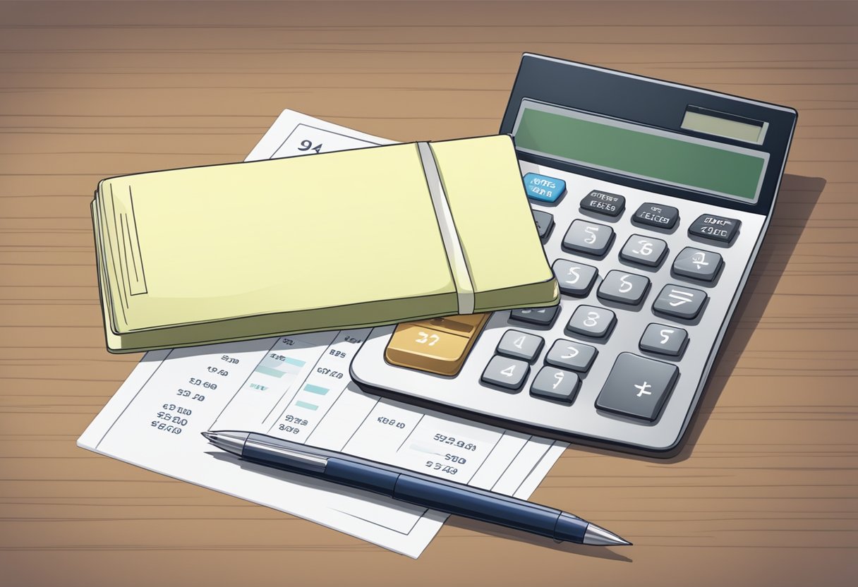 A calculator and a savings account passbook on a desk, with a pen and a piece of paper for calculating interest