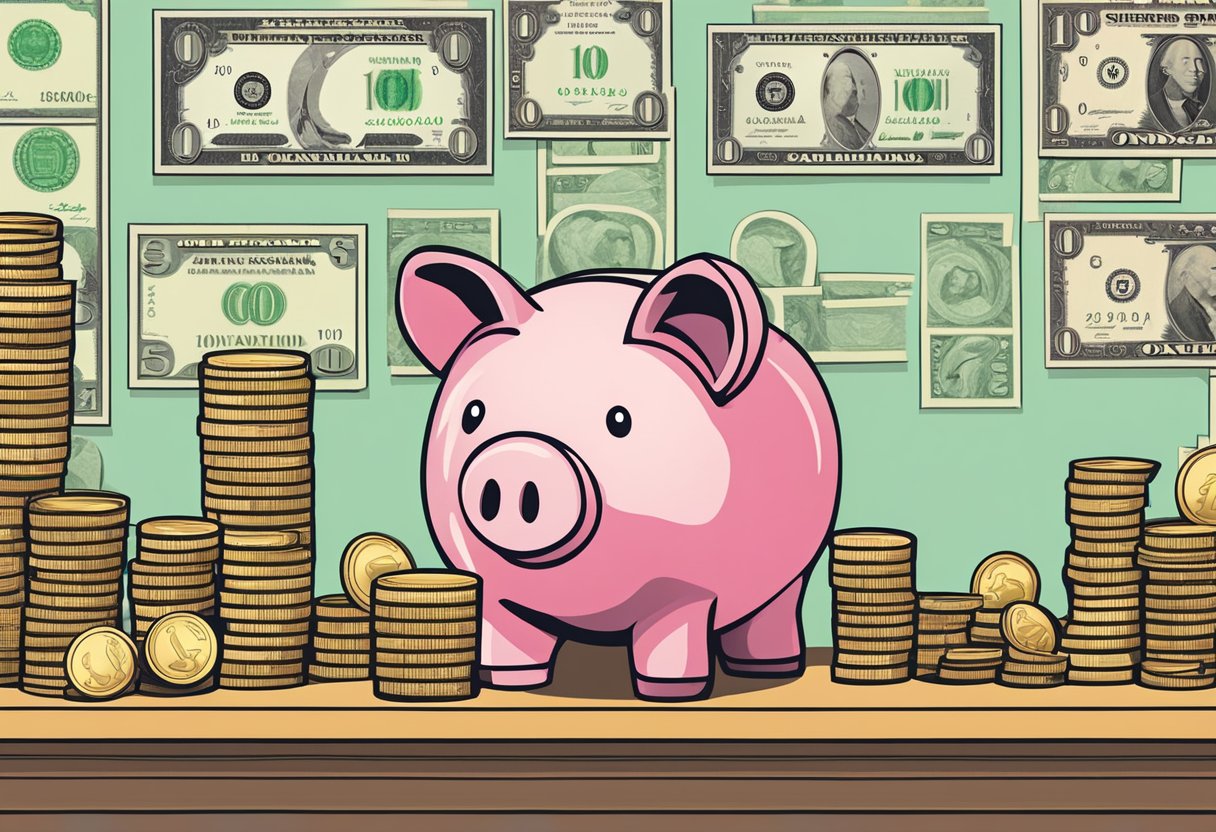 A piggy bank sits on a shelf, surrounded by stacks of coins and dollar bills. A chart showing different savings strategies hangs on the wall