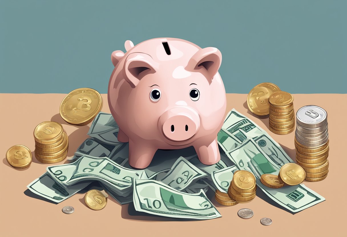 A piggy bank surrounded by various life stages, representing the question of how much to save at different points in life