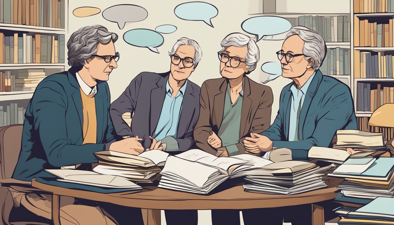 A group of famous psychologists in a discussion, surrounded by books and research papers, with thought bubbles representing their different theories