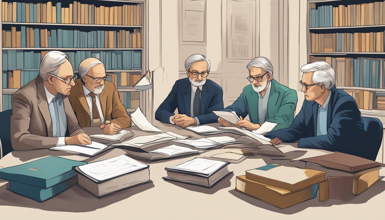 A group of influential psychologists gather around a table, engaged in lively discussion, surrounded by books and papers