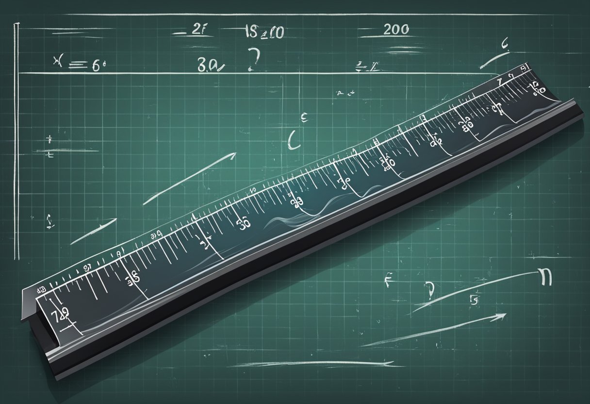 A ruler measuring a wave with a formula written on a chalkboard