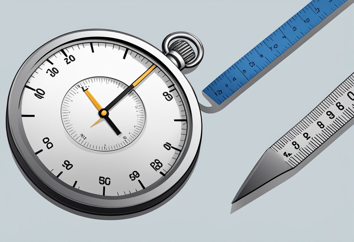 A stopwatch ticking as an object drops from a height, with a ruler measuring the distance fallen