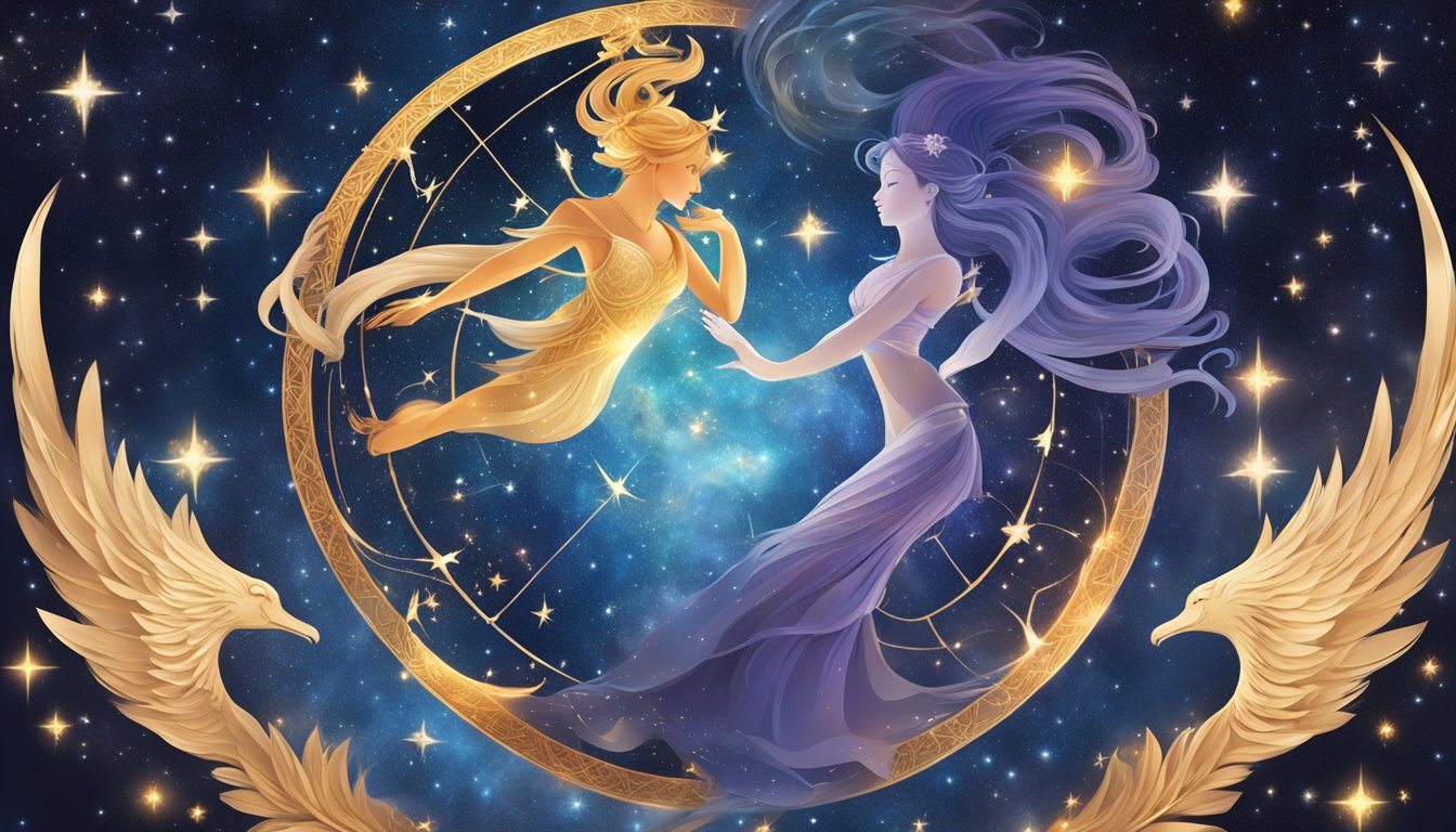 Two zodiac signs, represented by their symbols, intertwine in a celestial dance, surrounded by twinkling stars and a cosmic backdrop