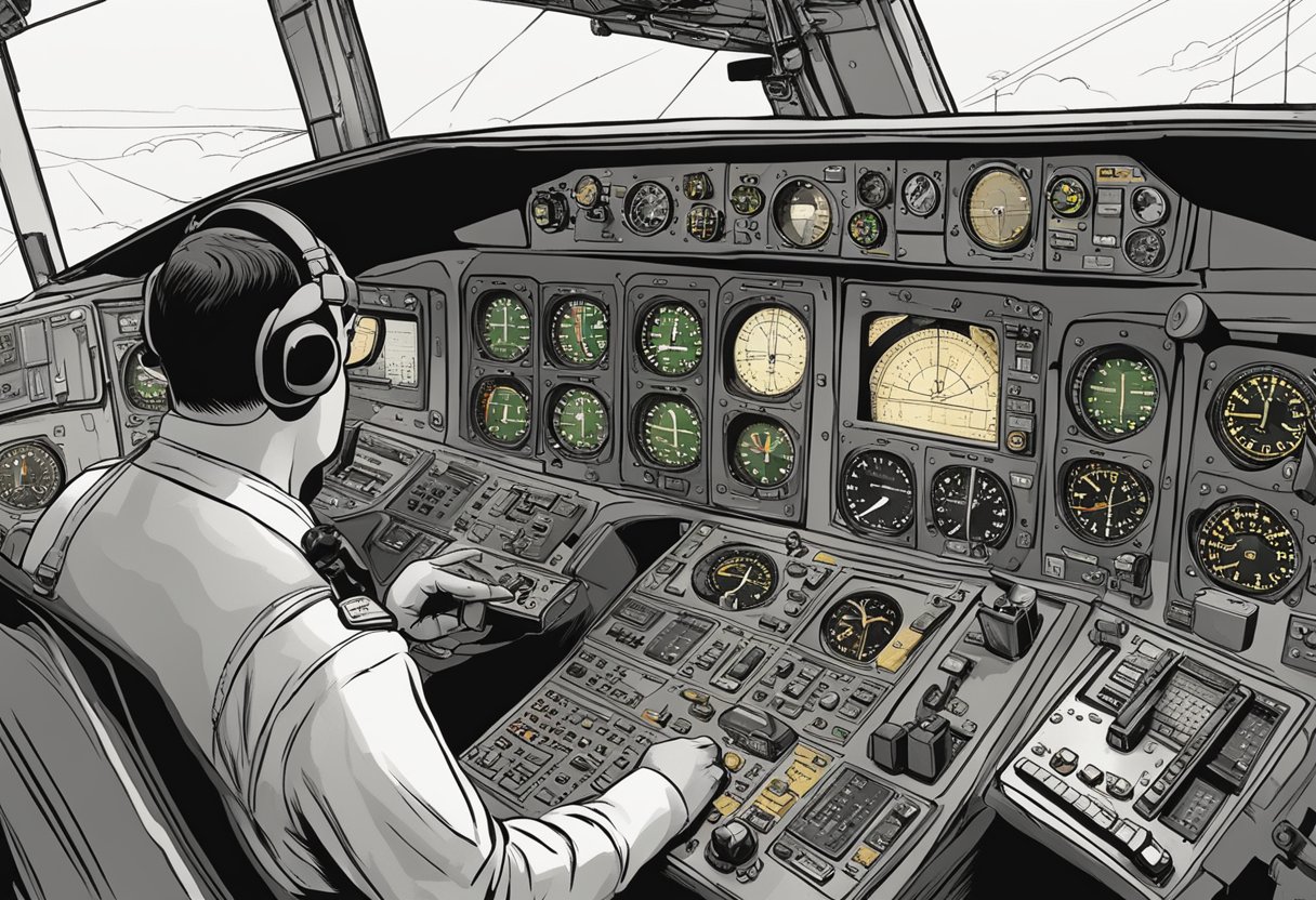 A pilot adjusts controls as a plane descends, while a radio crackles with instructions from air traffic control on how to calculate the rate of descent