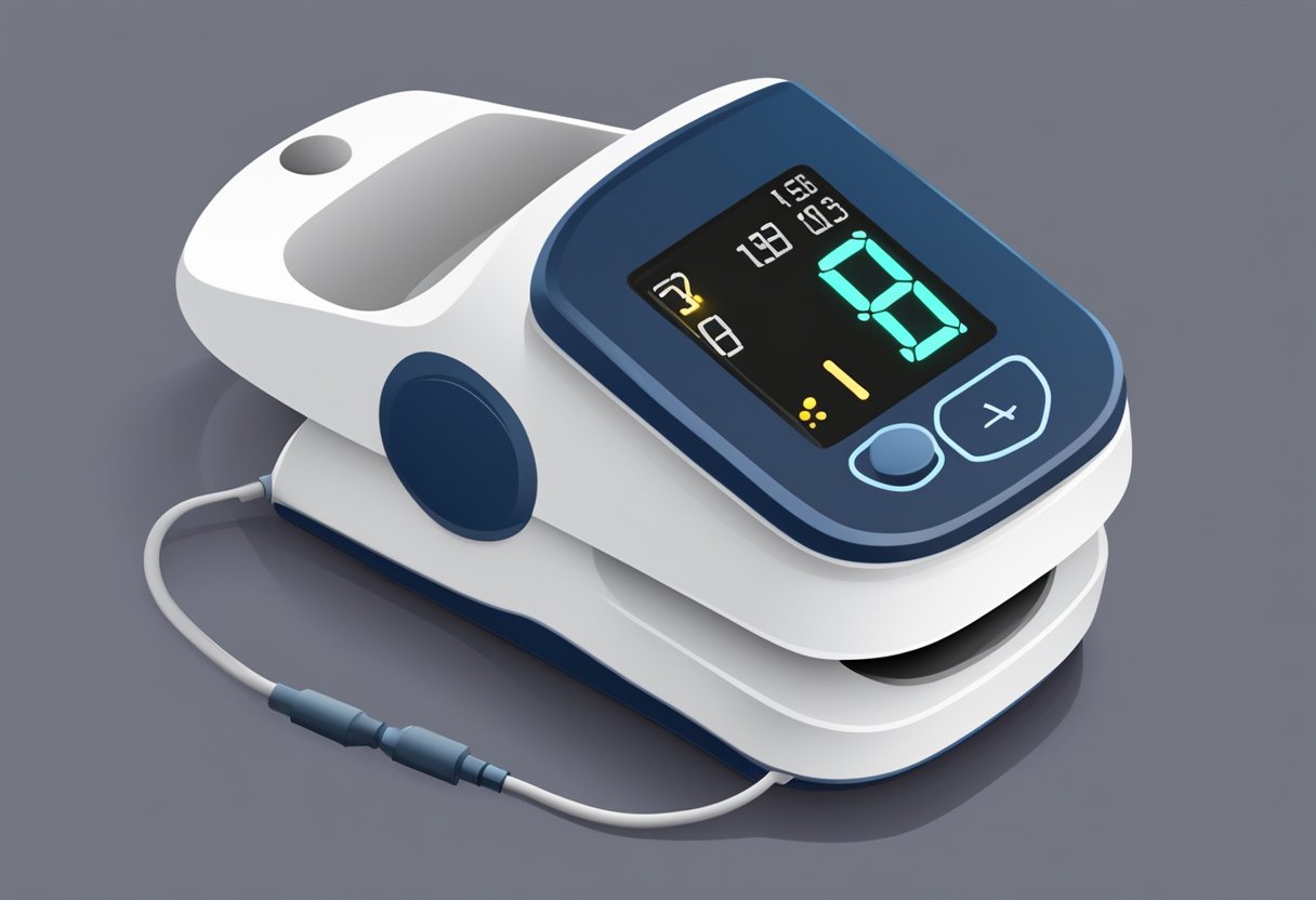 A digital pulse oximeter displays a blinking heart symbol and a numerical value, while a finger is placed on the sensor