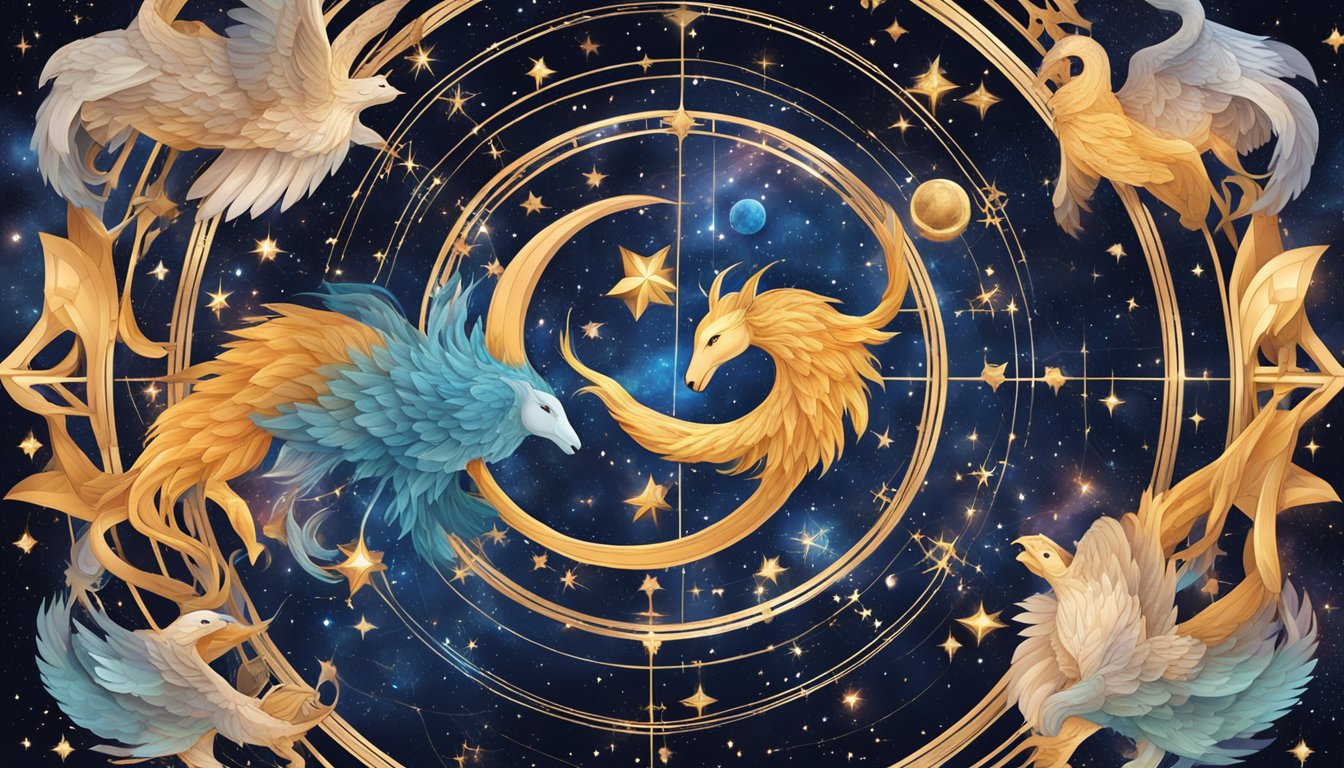 Two zodiac symbols, intertwined in a cosmic dance, surrounded by celestial elements and stars, representing the astrological aspects in love astrology