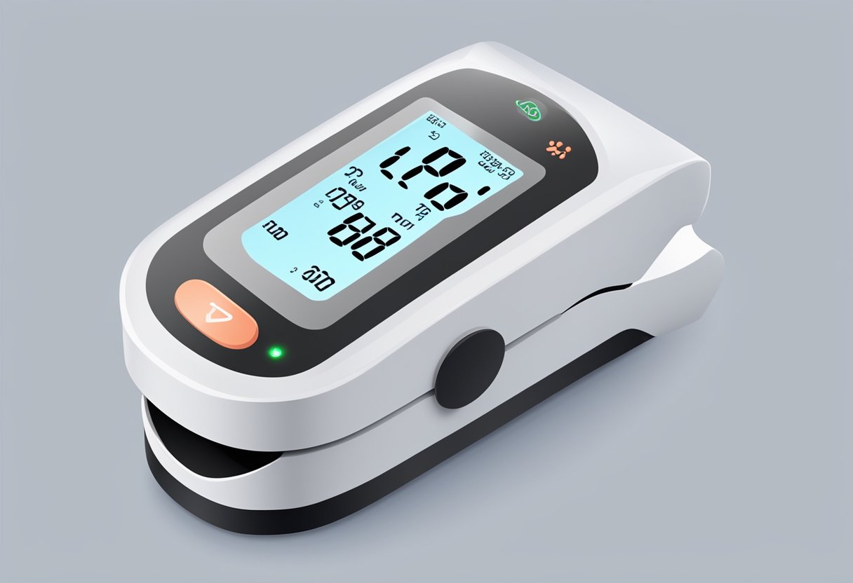 A digital pulse oximeter displays a blinking heart symbol and numerical value on its screen, while a person's finger is gently placed inside the device