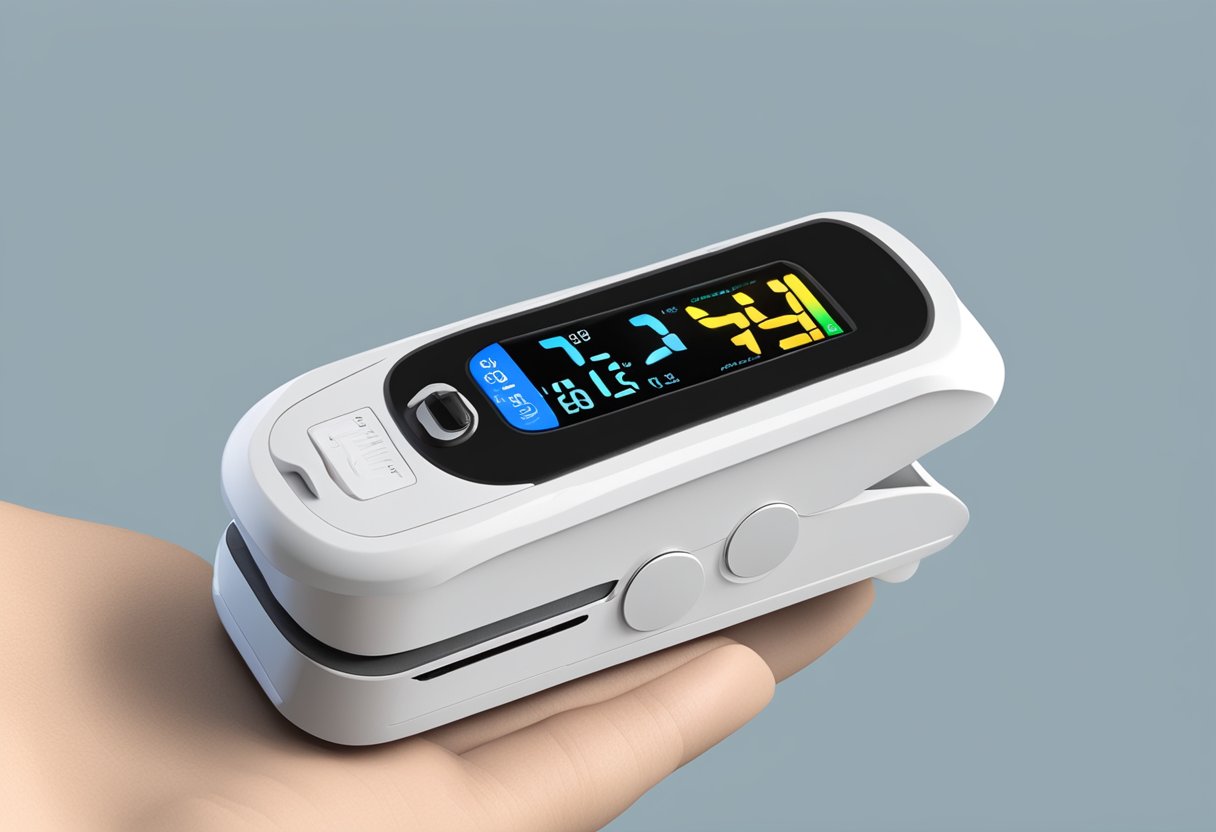 A digital pulse oximeter resting on a flat surface, with a finger sensor attached and a digital display showing the pulse rate measurement