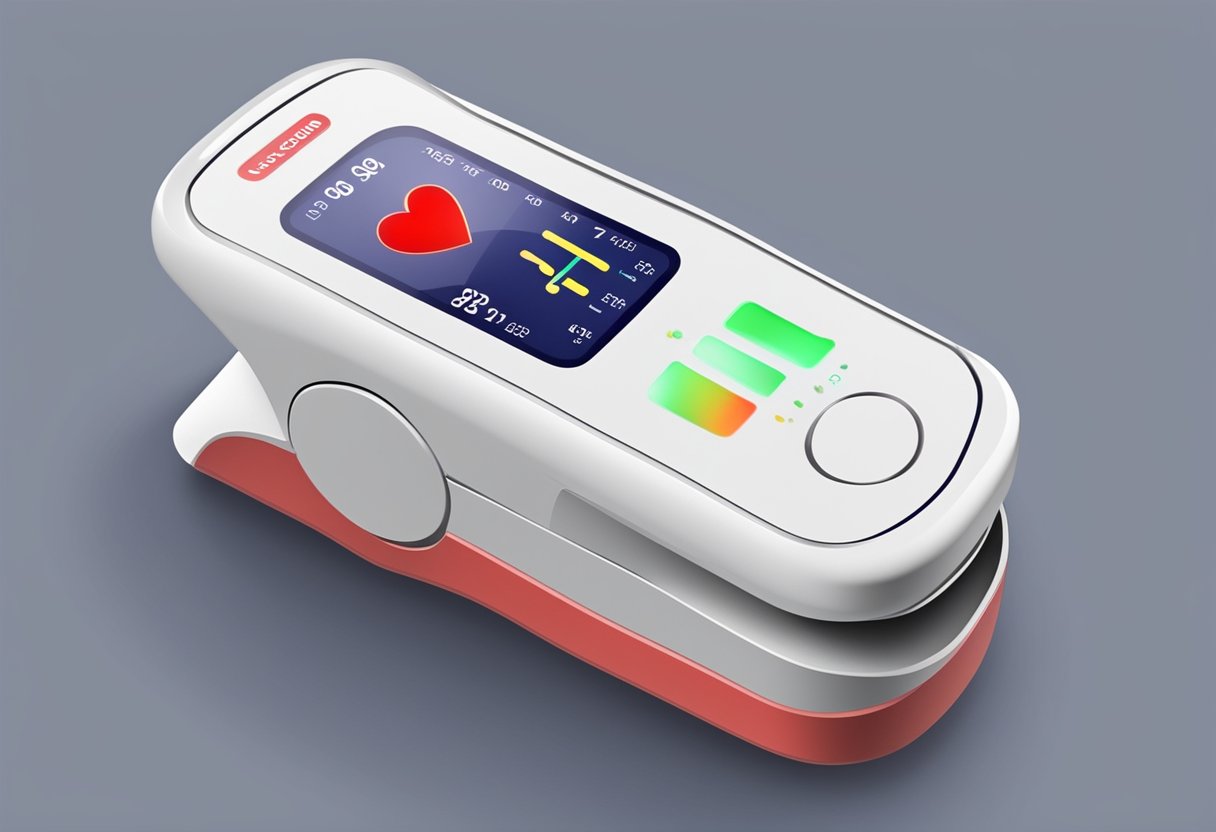 A digital pulse oximeter displays a blinking heart symbol with a number representing the pulse rate. The device is held against a finger, emitting a red light to measure blood flow