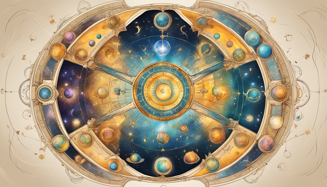 A circle of zodiac symbols radiates from a central point, each sign distinct and vibrant, surrounded by cosmic elements and celestial bodies