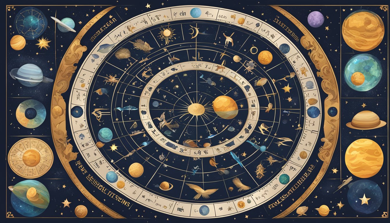 The zodiac signs arranged in a circle, each with its corresponding planetary ruler symbol, surrounded by celestial elements