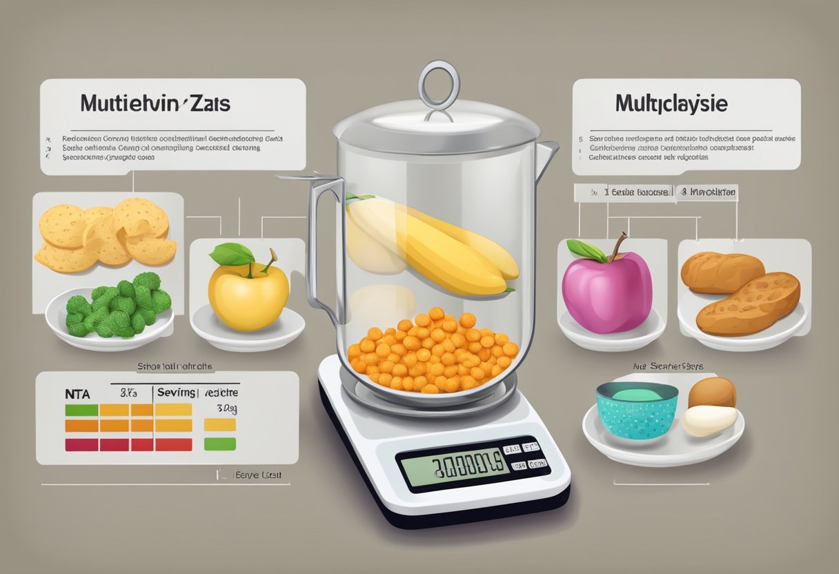 A kitchen scale weighs food. A nutrition label lists serving size and calories. A calculator multiplies serving size by calories per serving