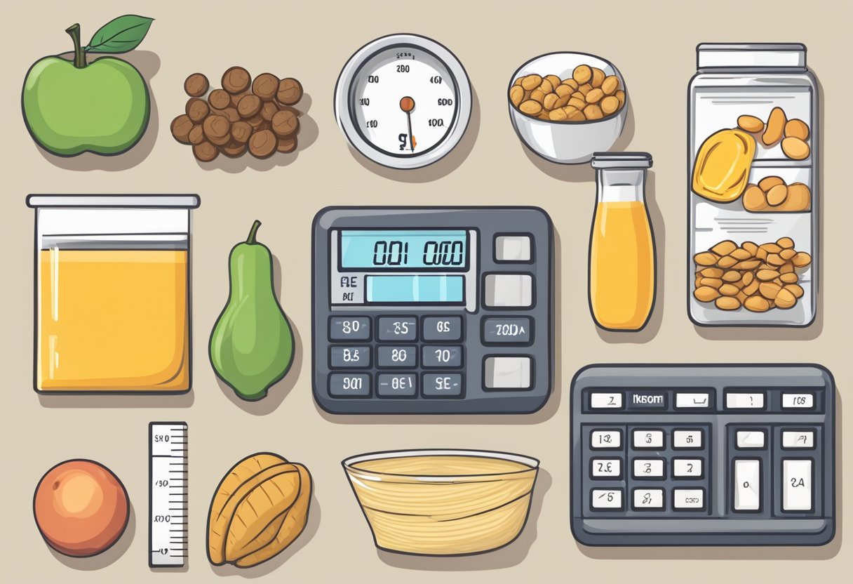 A scale with various food items, a calculator, and a nutrition label. The calculator displays the equation for calculating calories