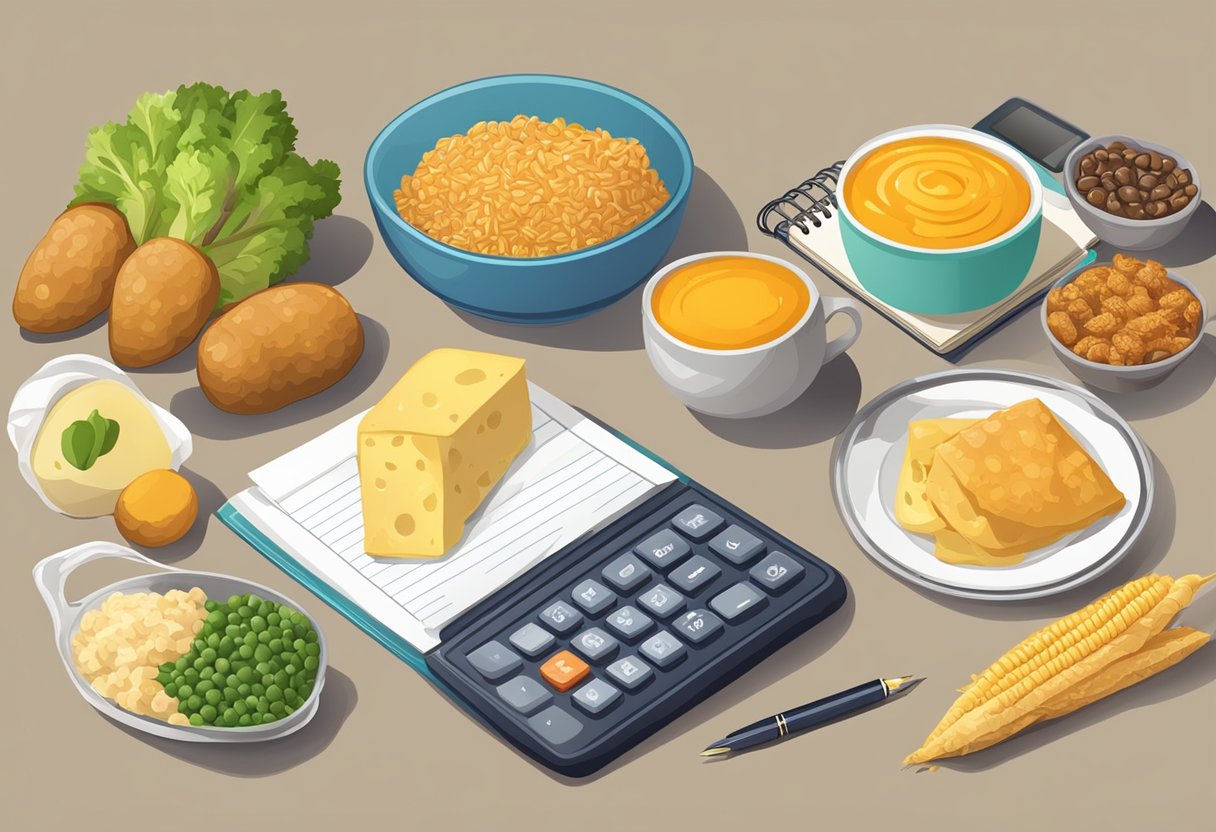 A table with various types of food, a calculator, and a notebook for recording data