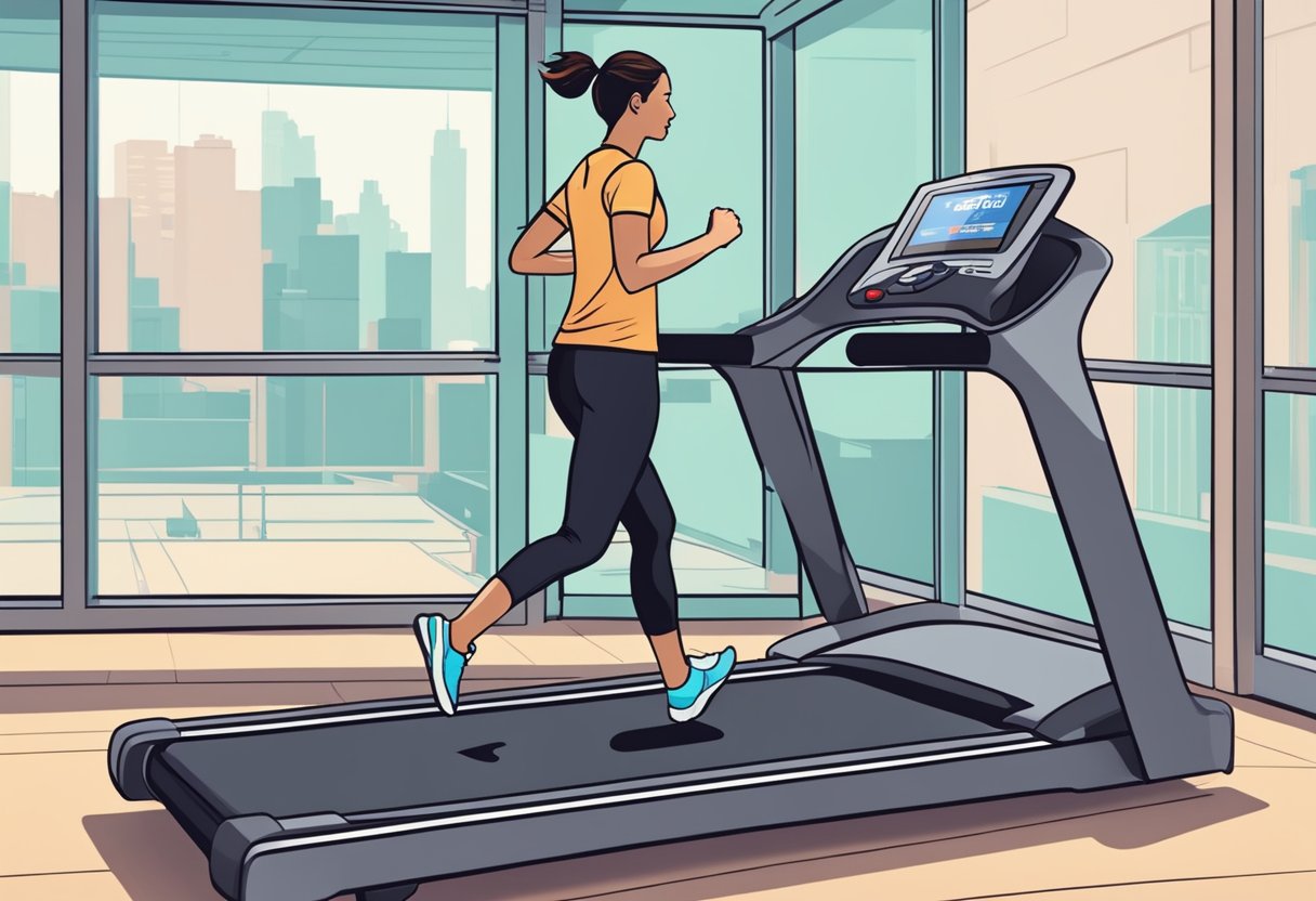 A person running on a treadmill with a digital display showing the calories burned increasing in real-time