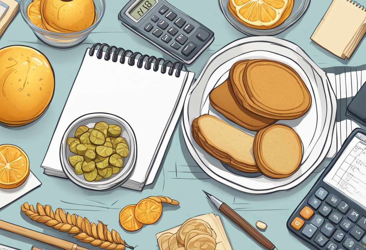 A table with various food items, a calculator, and a notepad with equations