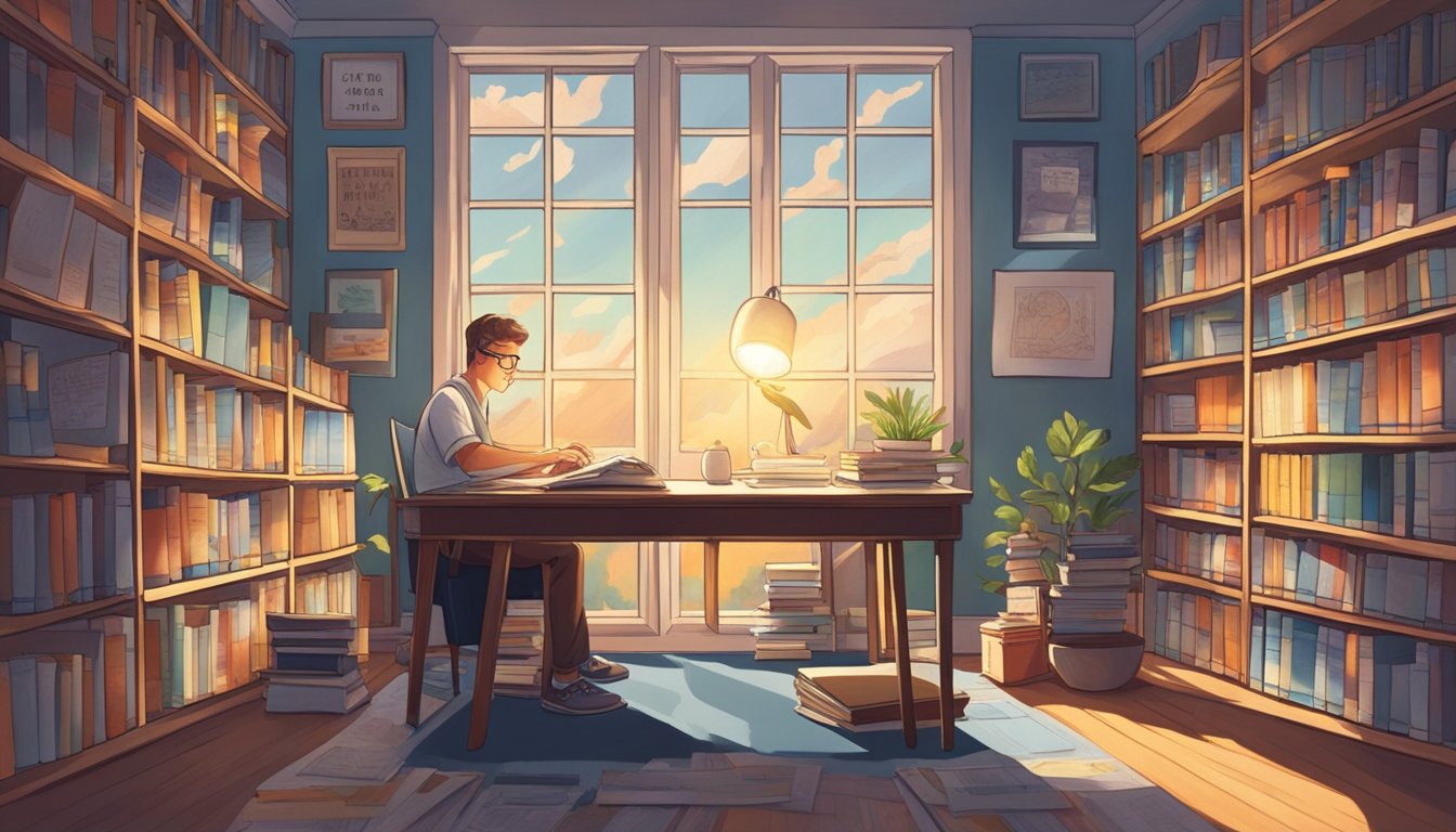 A person sitting at a desk, surrounded by motivational quotes and images.</p><p>A bookshelf filled with books on emotional influences and educational psychology.</p><p>Bright, natural light streaming in through a window