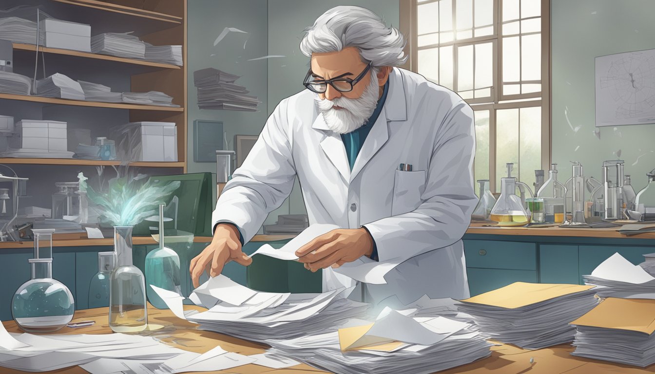 A scientist adjusts equipment, while a gust of wind blows papers off the table, causing chaos in the lab