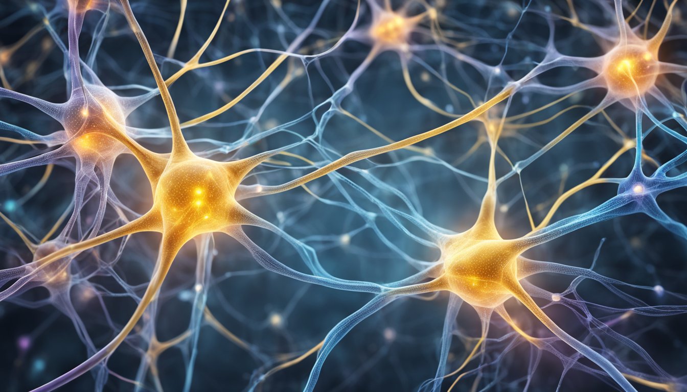 Neurons firing in a complex network, forming synaptic connections, storing and retrieving information, representing learning and memory in the brain