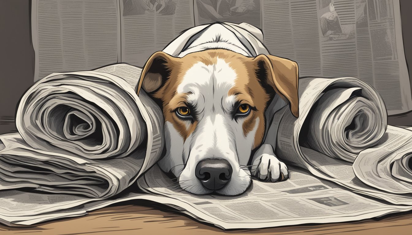 A dog cowers as a rolled-up newspaper is raised above it, showing fear and discomfort