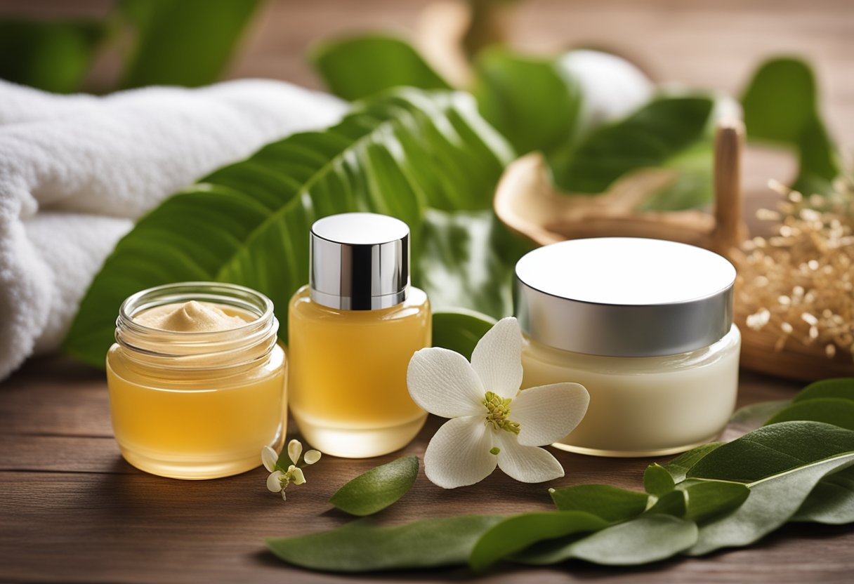 A jar of anti-aging cream surrounded by botanical ingredients and a soft, luxurious towel