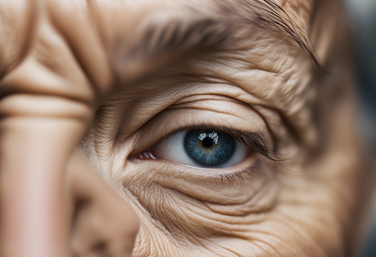 A close-up of a wrinkled and dry facial skin with visible signs of aging, such as fine lines and deep wrinkles. The skin appears dull and lacks elasticity, showing the effects of aging