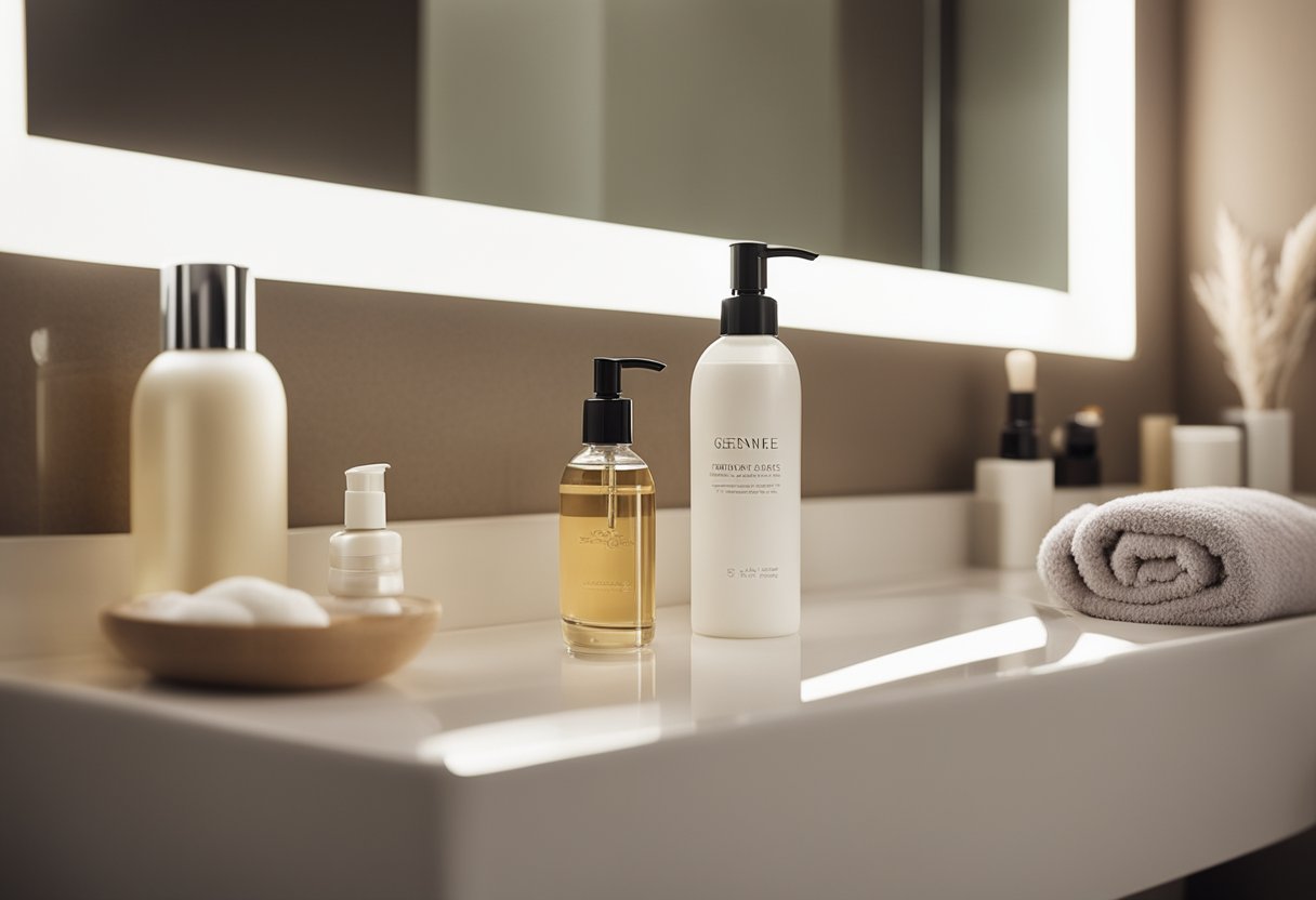 A serene bathroom scene with skincare products arranged neatly on a vanity, soft lighting, and a towel draped over a chair