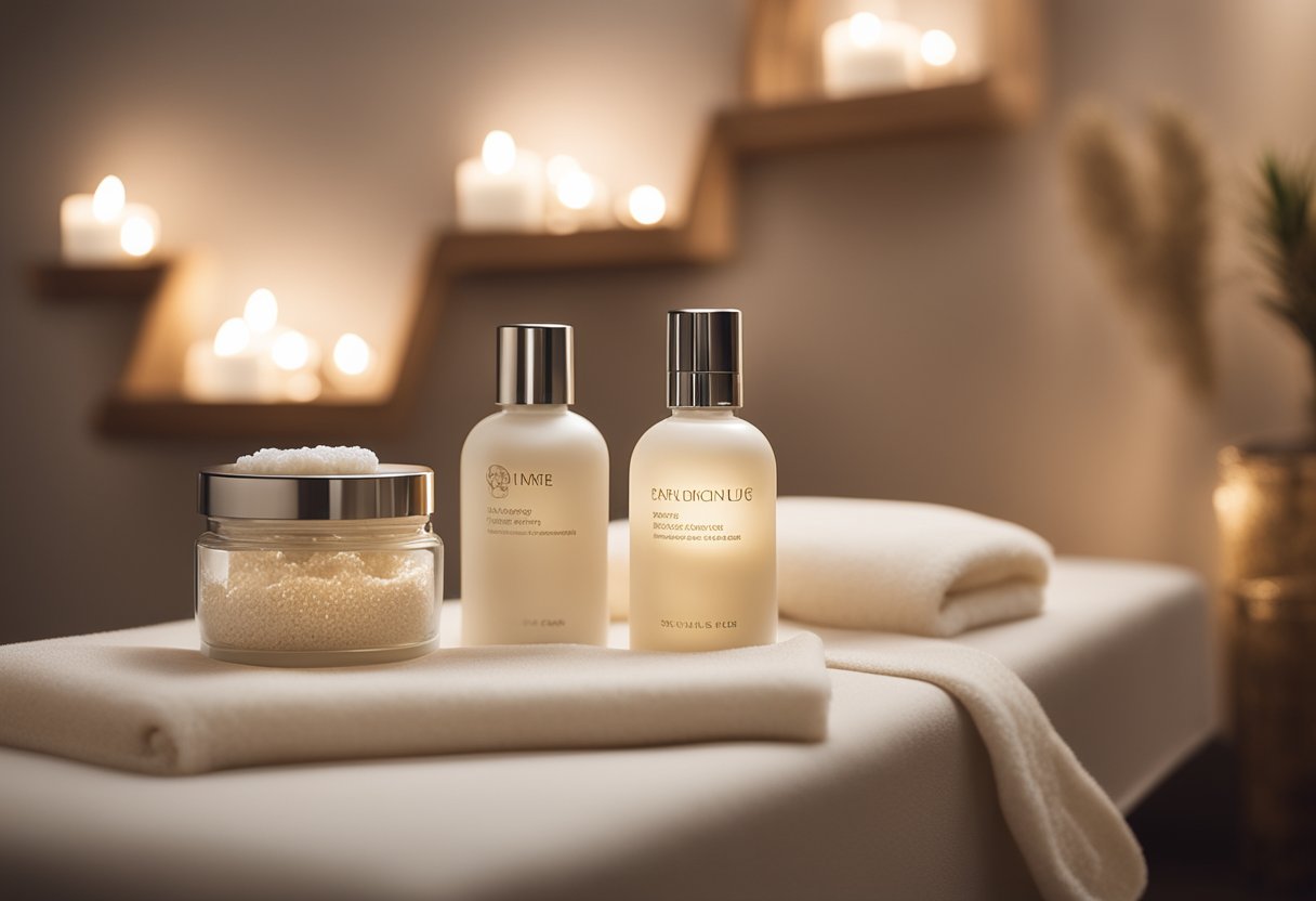 A serene spa room with soft lighting, a comfortable treatment bed, and shelves filled with high-end skincare products