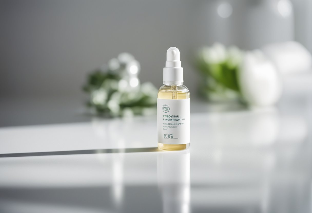 A bottle of topical treatment and serum on a clean, white surface with soft, natural lighting