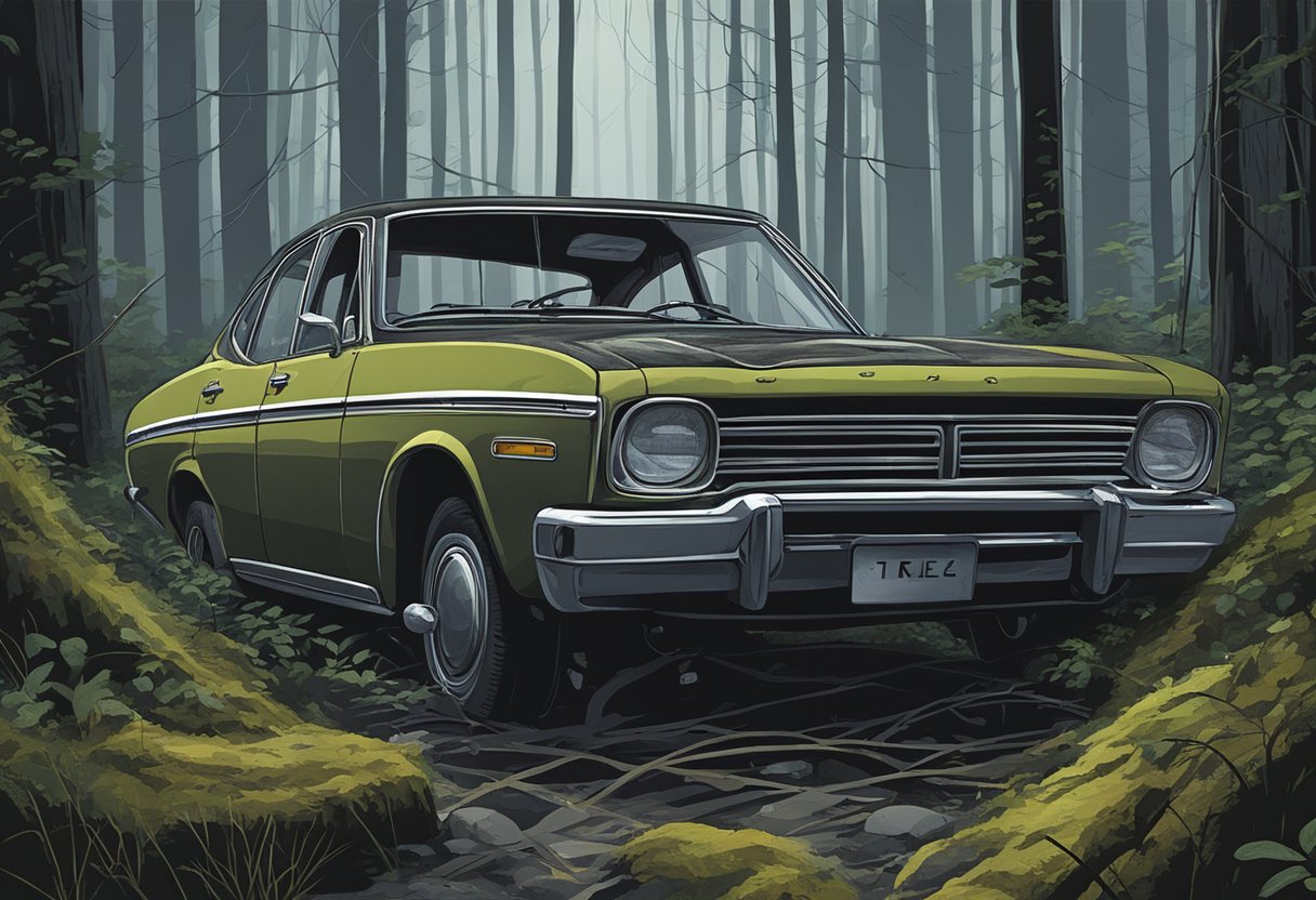 Caroline Girvan's abandoned car in a murky forest clearing, with tire tracks leading into the darkness