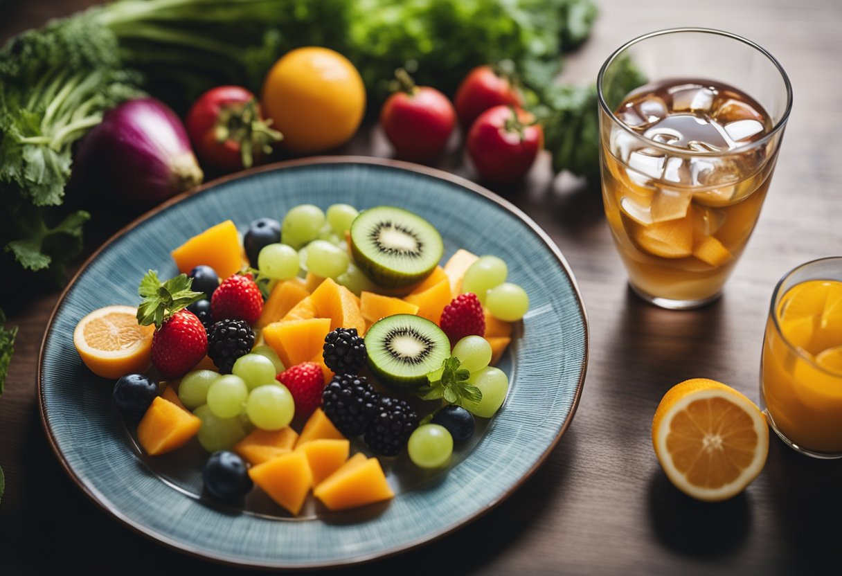 A glass of water and a plate of colorful fruits and vegetables on a table