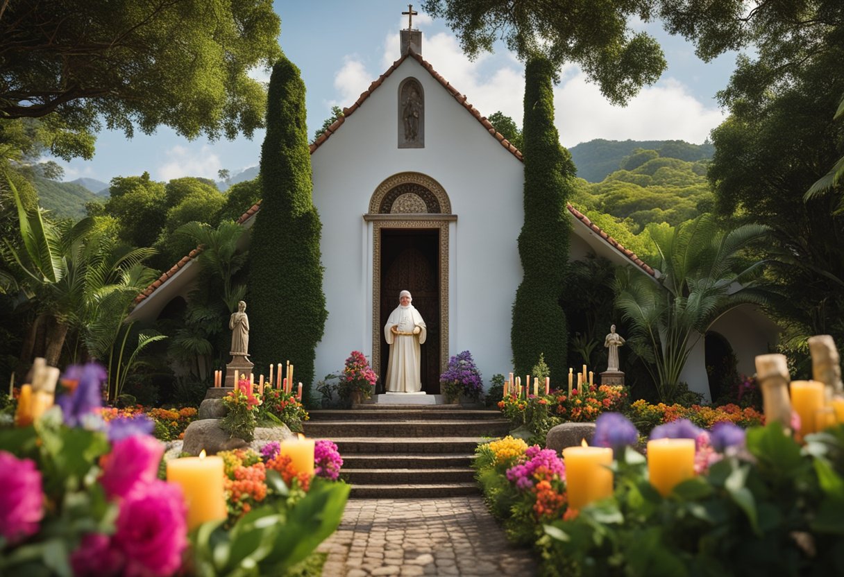 A serene chapel nestled in lush greenery, with a statue of Santa Teresinha standing at the center, surrounded by flickering candles and colorful flowers