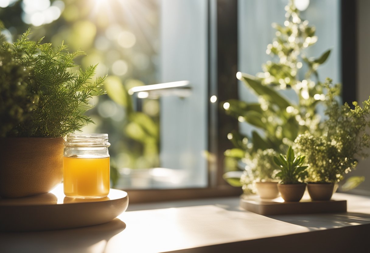 A serene bathroom with natural skincare products and herbs, sunlight streaming in, and a peaceful atmosphere