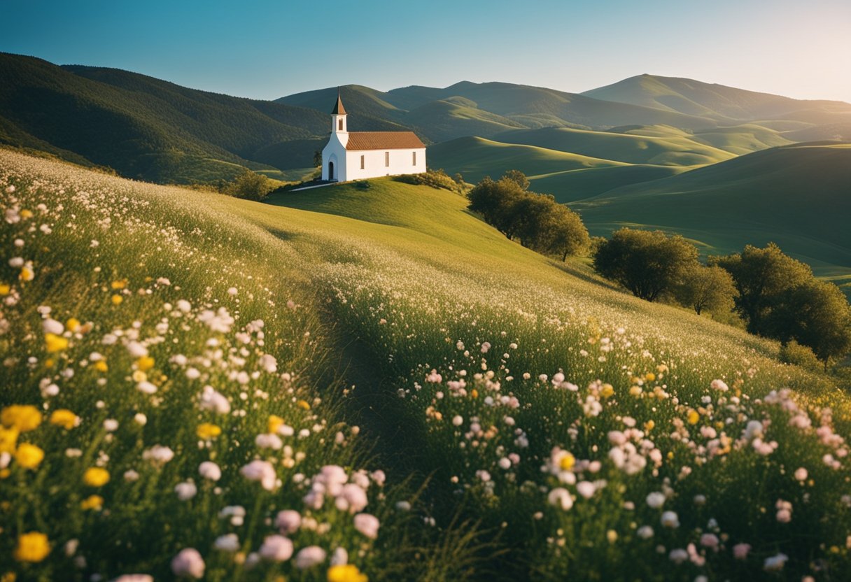 A serene landscape with a small chapel nestled among rolling hills, surrounded by vibrant flowers and a clear blue sky