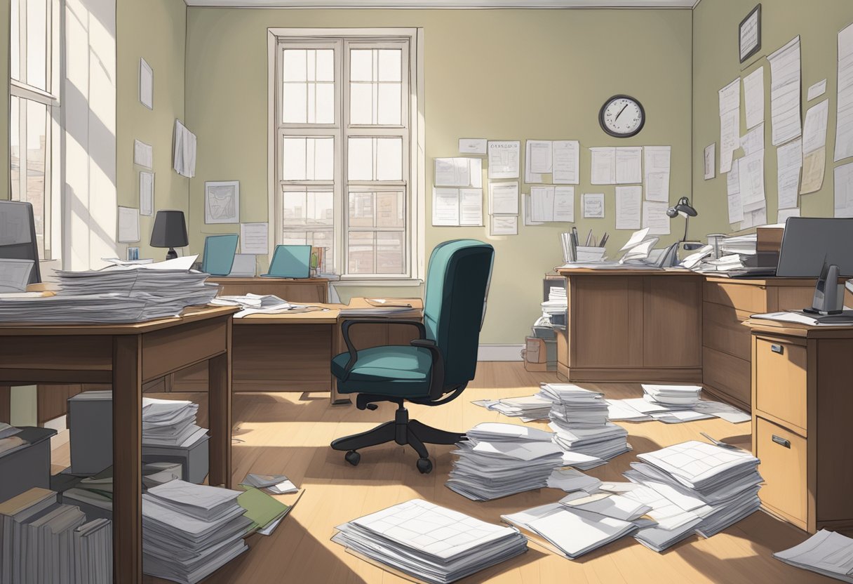 Caroline Girvan's empty office, with scattered papers and a turned-over chair, suggests a sudden departure. A calendar on the wall reads "Lifestyle Leader."
