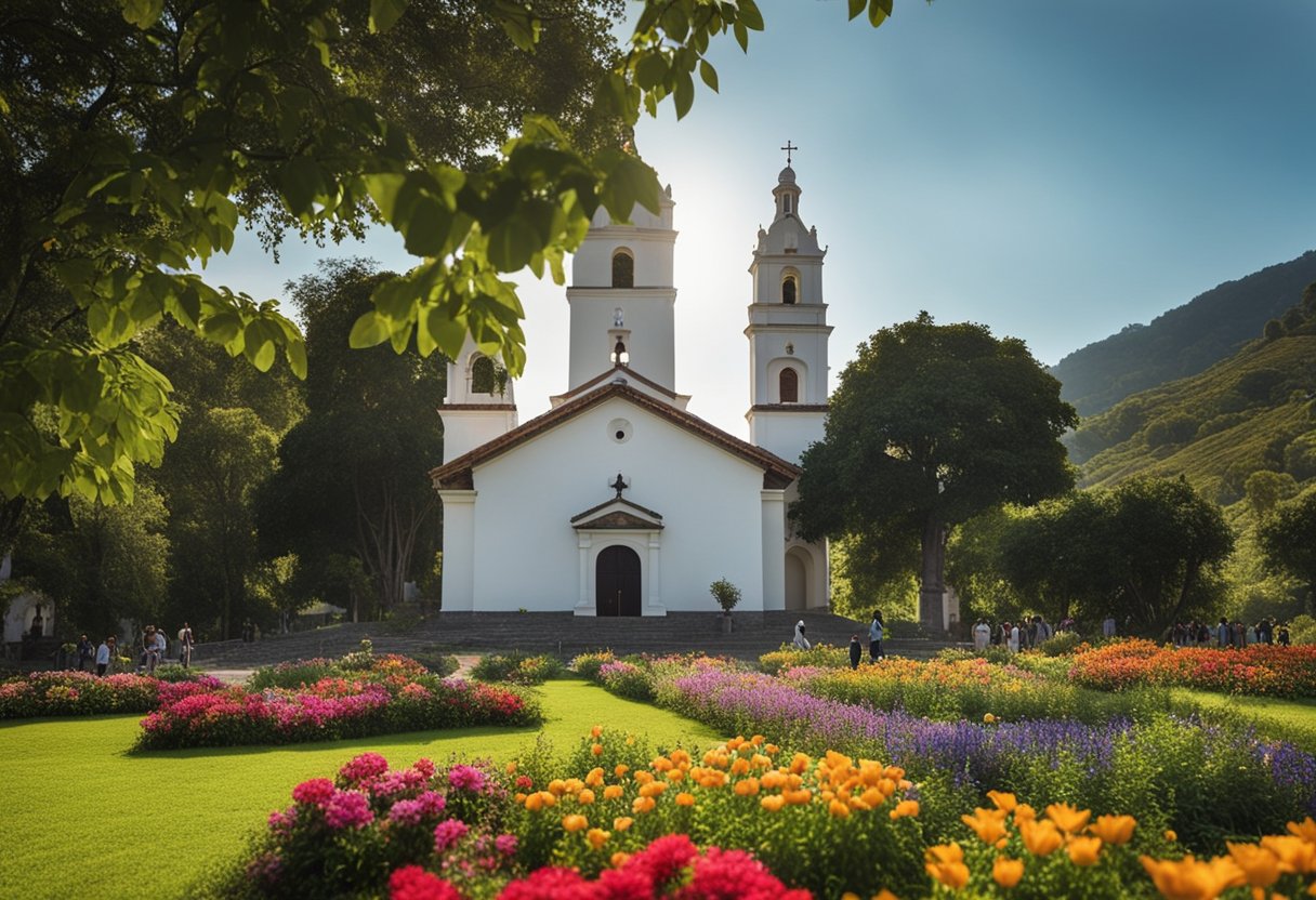 A serene landscape of Carmelo Santa Teresinha, with a historic church and devotees praying, surrounded by lush greenery and colorful flowers