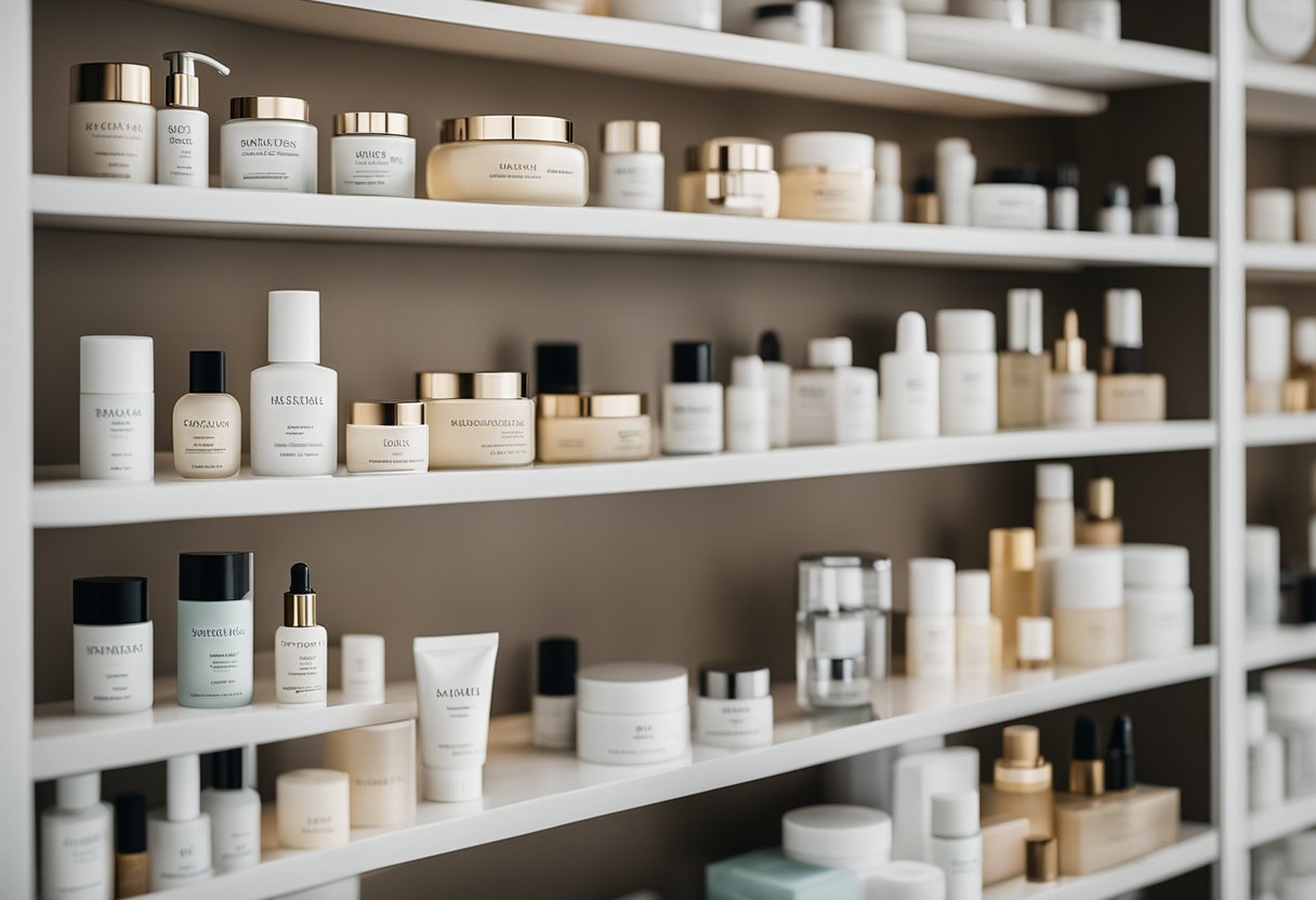 A shelf with various skincare products, including anti-wrinkle creams and hydrating serums, displayed in a well-lit and clean environment