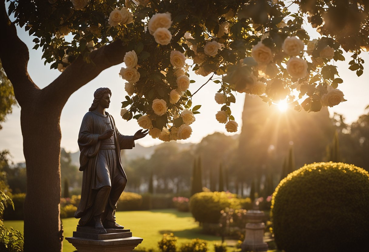 A serene garden with roses in bloom, a statue of Santa Teresinha, and a warm, golden light shining down from the sky