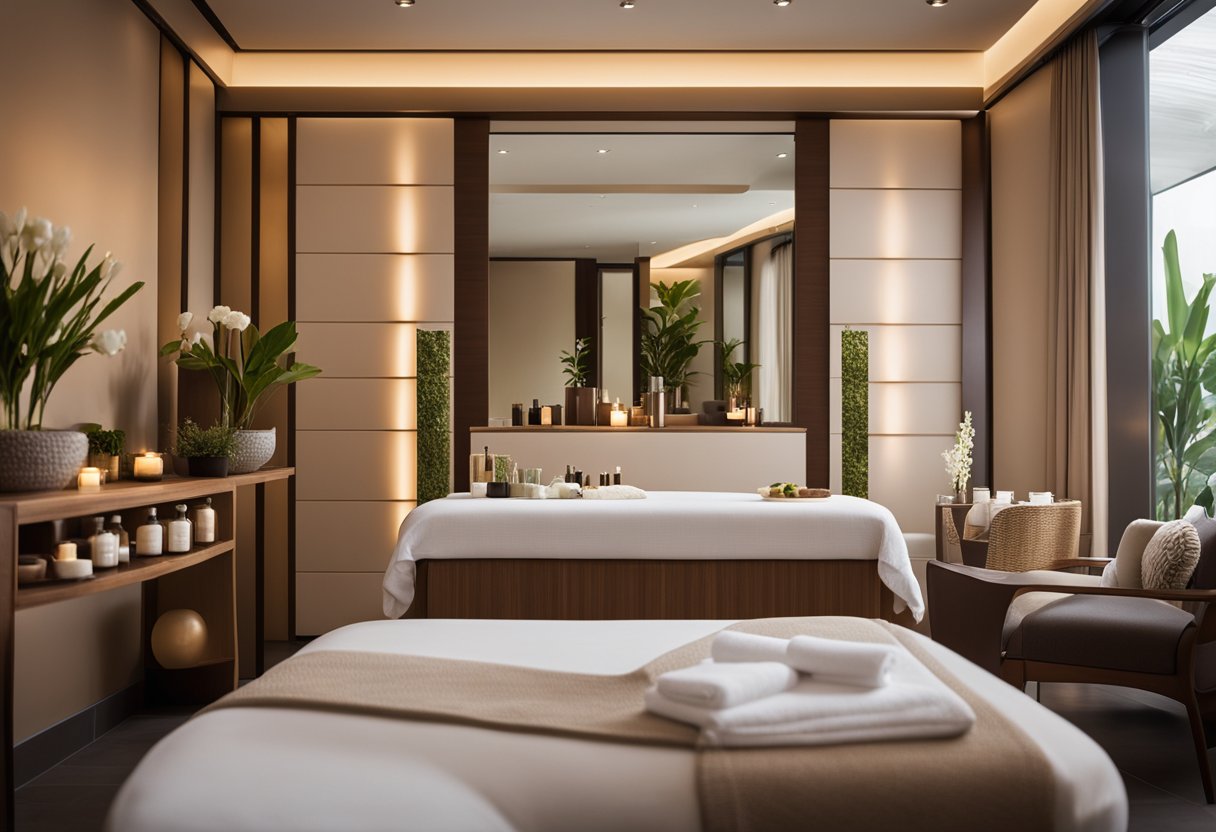 A serene spa setting with soft lighting, a comfortable treatment bed, and shelves lined with luxurious skincare products