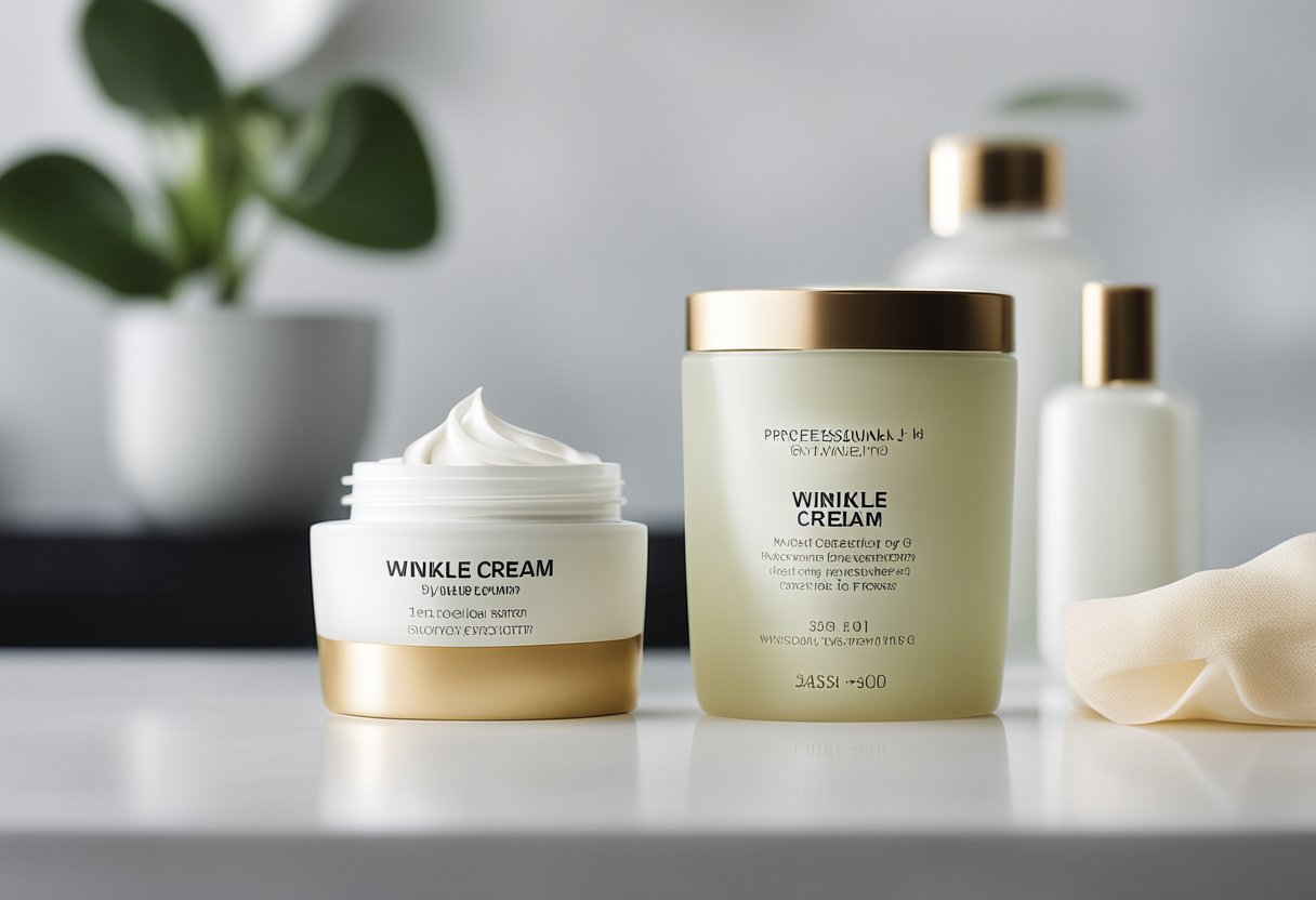 A bottle of wrinkle cream next to a moisturizing face mask on a clean, white countertop