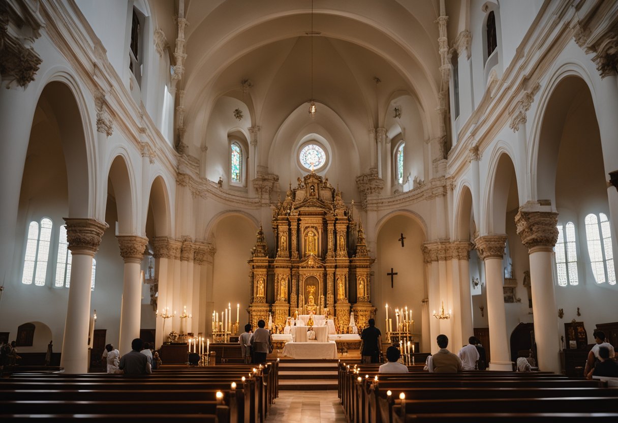 A serene church with a statue of Santa Teresinha, surrounded by worshippers and candles, with a book titled "Frequently Asked Questions Santa Teresinha: História e Devoção" displayed prominently