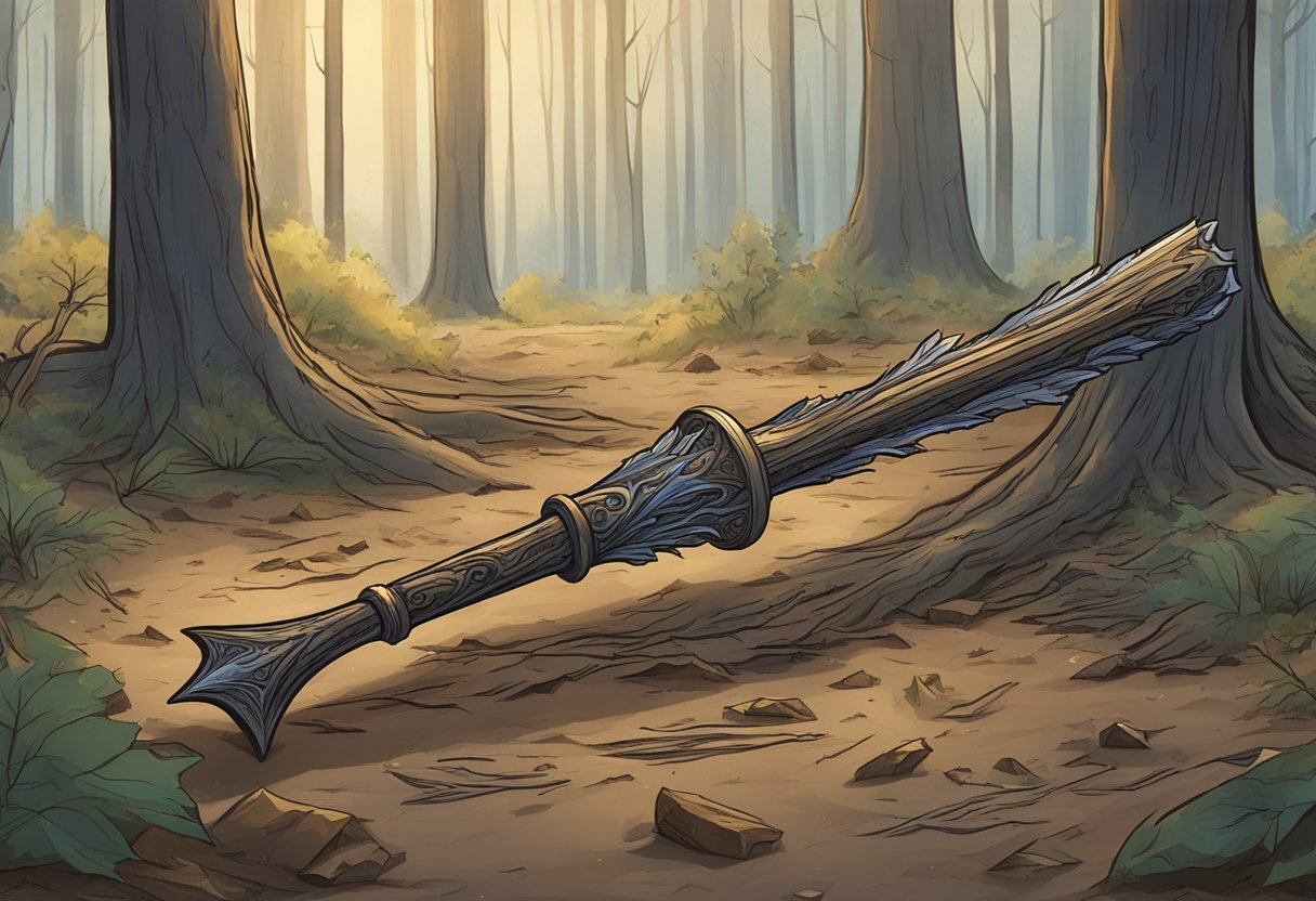 Ariana Dumbledore's broken wand lies on the forest floor, surrounded by scattered spell remnants and charred trees