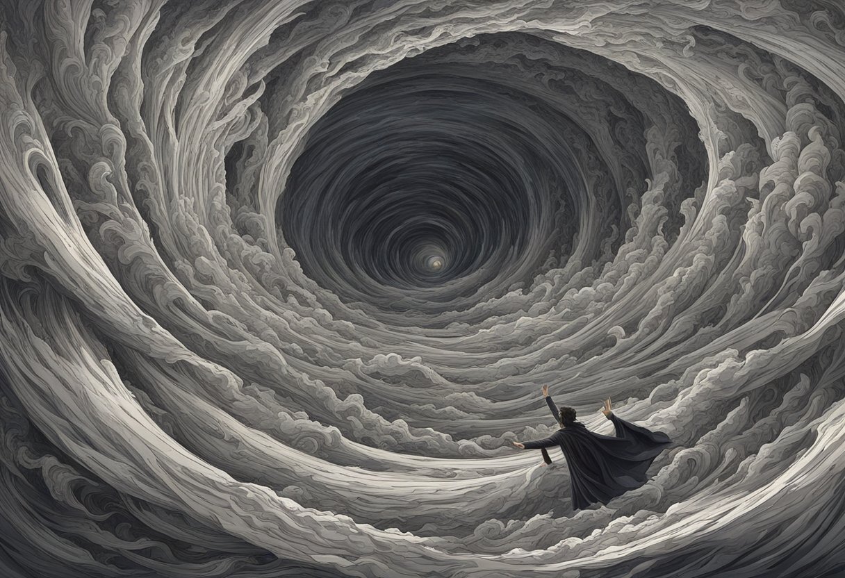 A swirling, shadowy mass engulfs a small figure, causing chaos and destruction around it