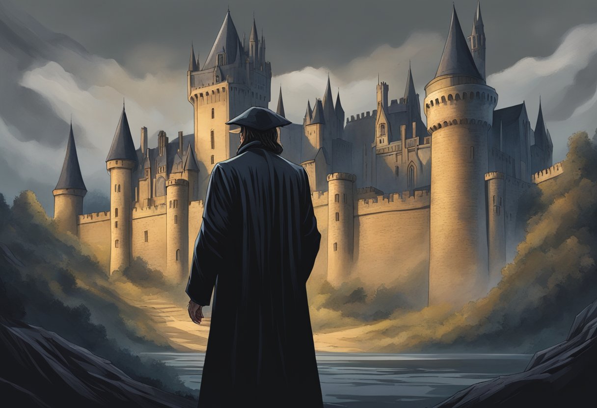 A dark, mysterious figure stands in the shadow of a towering, ancient castle, hinting at the secrets hidden within the Dumbledore family's history
