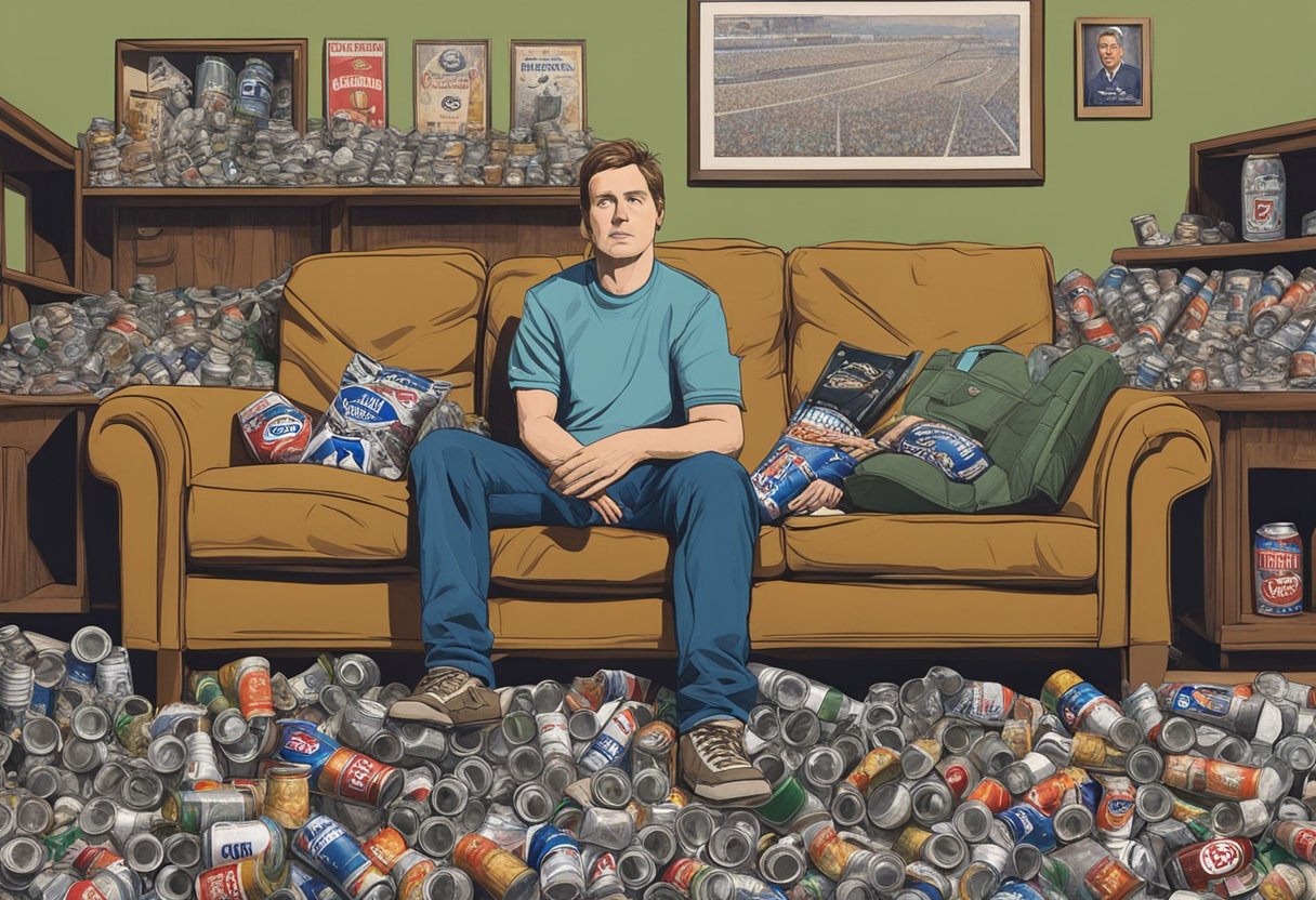 Chris McKay sits on a worn-out couch, surrounded by empty beer cans and discarded football memorabilia. His face is etched with a mixture of anger and sadness as he stares at a framed photo of his former glory days on the field