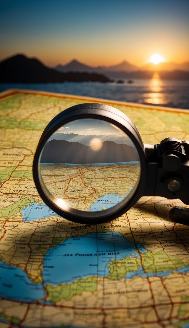 A magnifying glass hovers over a map of Costa Rica, with a flashlight illuminating a path. A silhouette of a figure stands in the background, symbolizing the search for missing persons